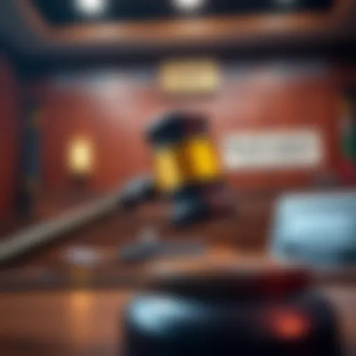 A gavel hitting a sound block in a courtroom with a bankruptcy sign visible in the background.