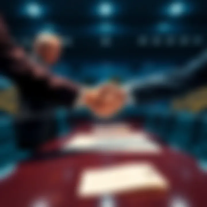 Representatives from banks and crypto firms shaking hands over a table with documents, symbolizing the finalized CLARITY Act yield deal.