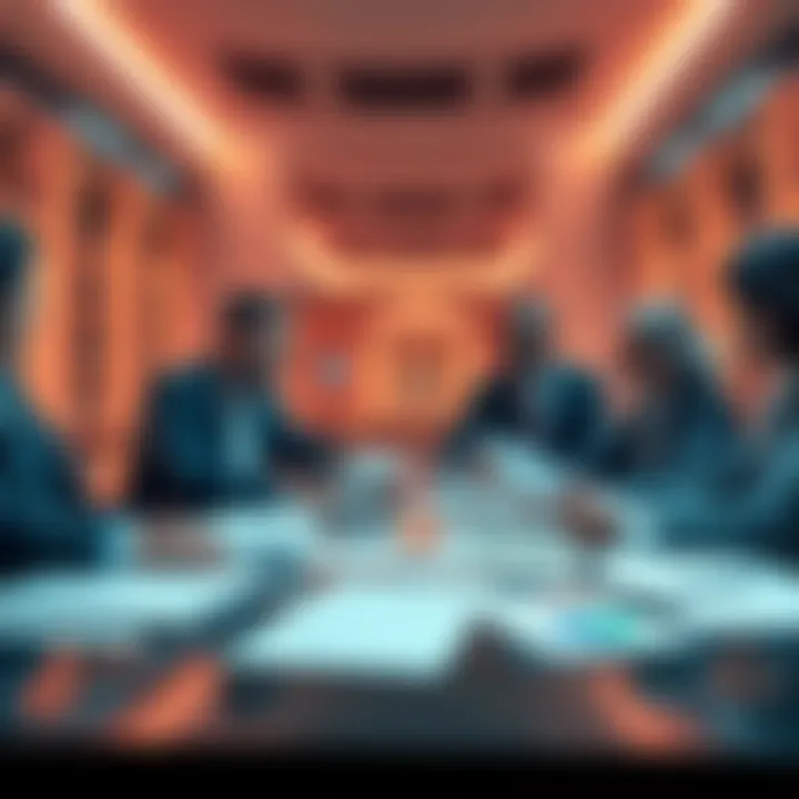 A group of bank executives discussing cryptocurrency regulations with documents and charts on the table