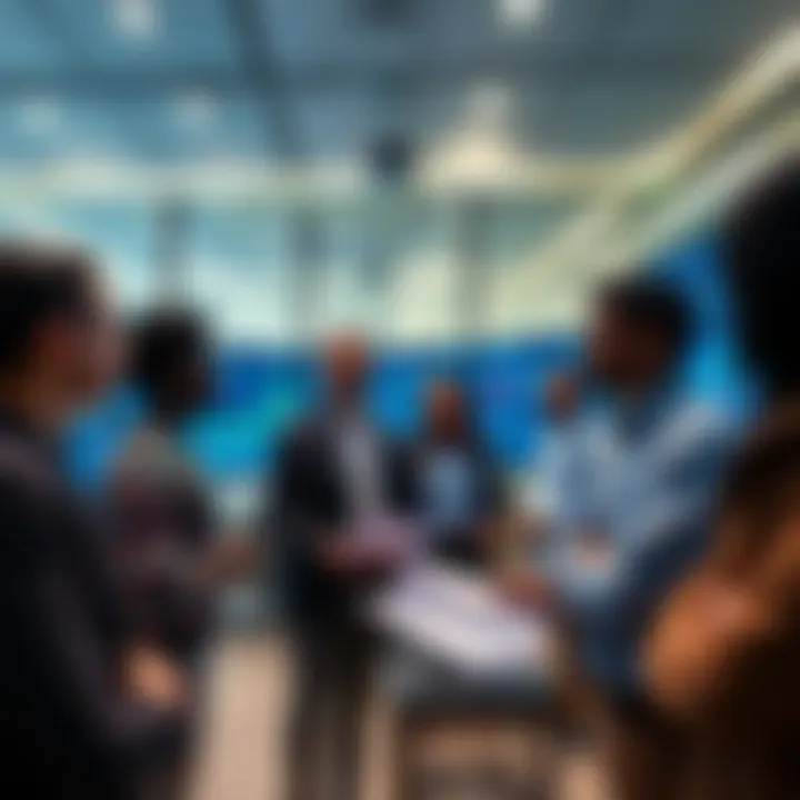 A group of diverse financial professionals discussing Ethereum in a modern office setting with charts and graphs on screens.