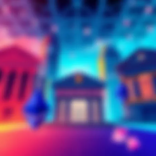 Illustration of major bank buildings with Ethereum symbols, showcasing the potential shift in banking towards cryptocurrencies