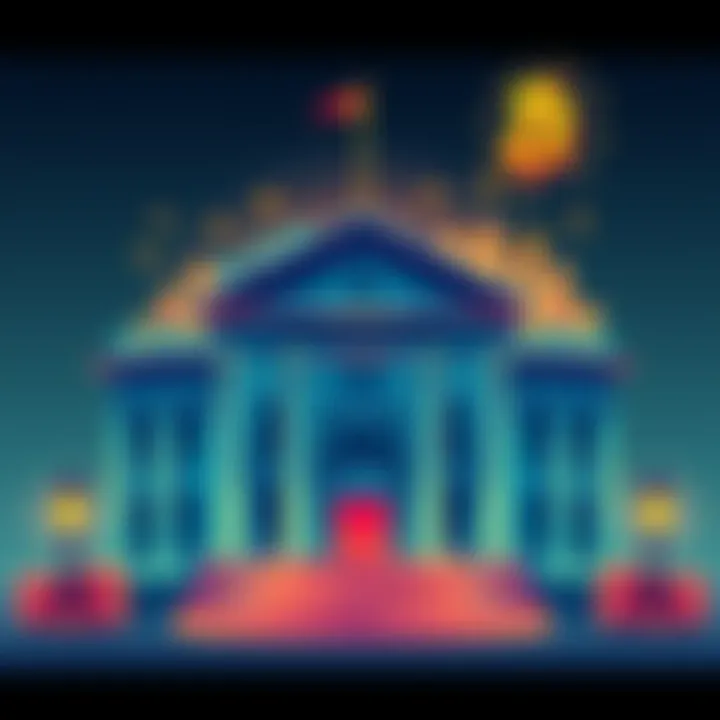 An illustration showing a bank building merging with a digital cryptocurrency symbol, representing the blend of traditional banking and digital finance.