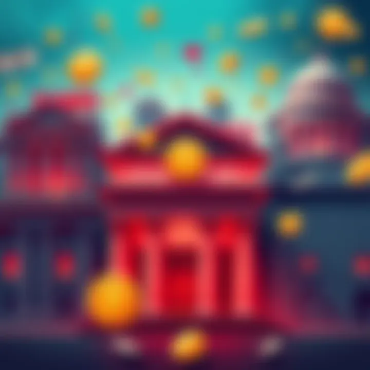 A collage of bank buildings with cryptocurrency symbols and dollar bills, representing banks that accept both fiat and cryptocurrency.