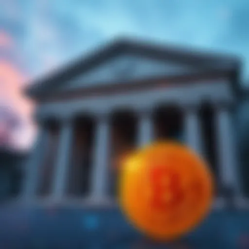A visual showing a bank building and a Bitcoin symbol, with a digital quantum code overlay, representing the risk of quantum attacks to banks compared to Bitcoin.