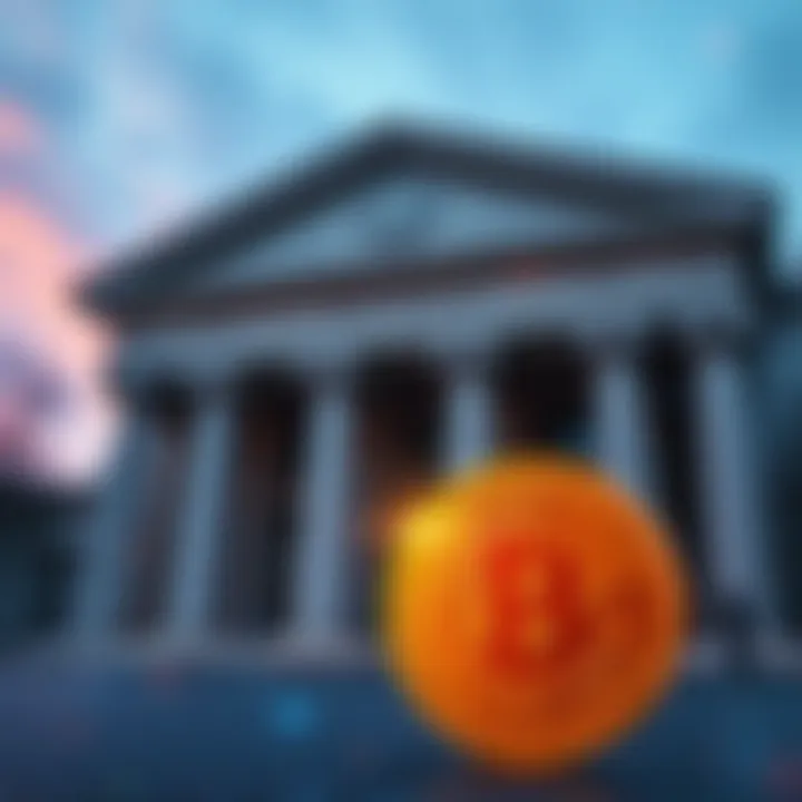 A visual showing a bank building and a Bitcoin symbol, with a digital quantum code overlay, representing the risk of quantum attacks to banks compared to Bitcoin.