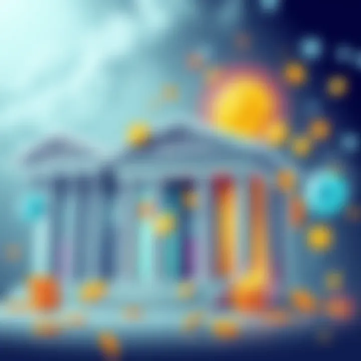 Illustration of major banks preparing to invest in stablecoins, showing bank buildings with digital currency symbols around them