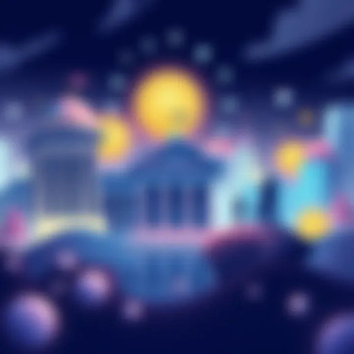 Illustration of major banks and fintech companies working together, showcasing digital currency and stability in finance, with symbols of stablecoins in the background.