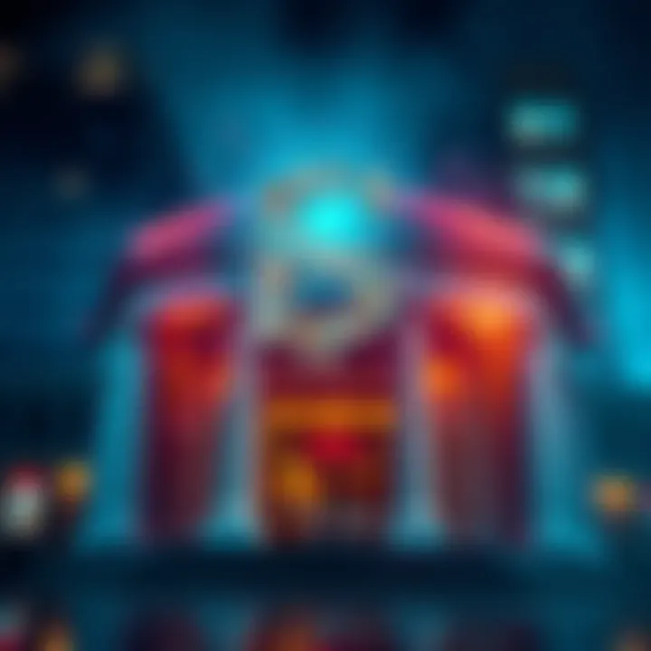 A bank building with a digital currency symbol overlay, showing the clash between traditional banking and cryptocurrency.