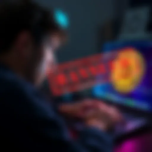 A person looking worried while checking cryptocurrency on a laptop, with a Bitcoin logo visible on the screen and a 'banned' stamp overlay.
