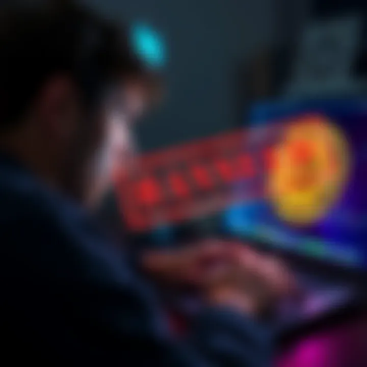 A person looking worried while checking cryptocurrency on a laptop, with a Bitcoin logo visible on the screen and a 'banned' stamp overlay.