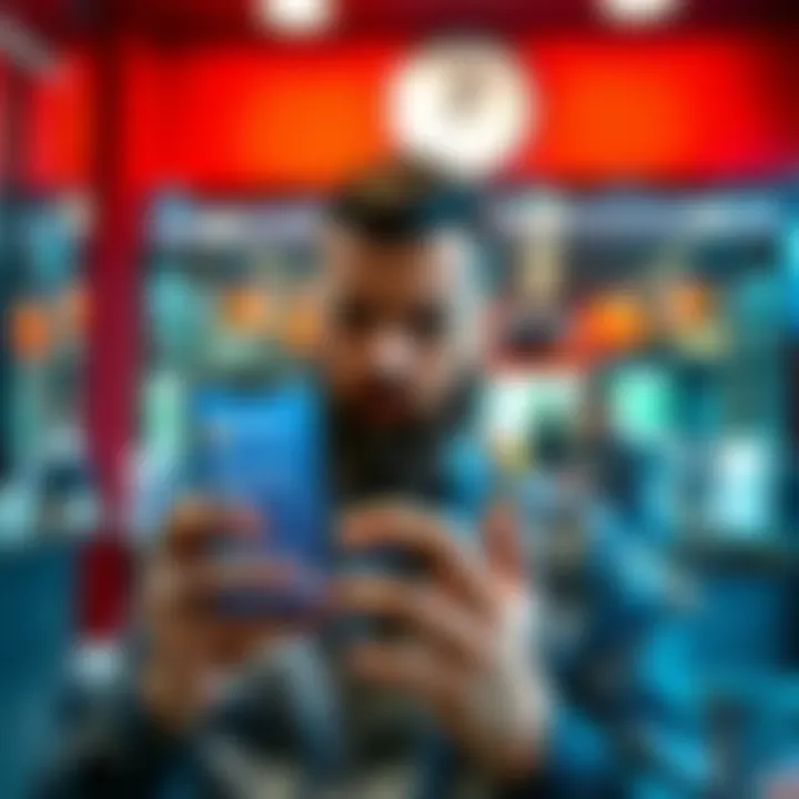 A barber in a salon looking at his phone displaying cryptocurrency prices, reflecting on his recent decision to sell alt coins after a year of investment.