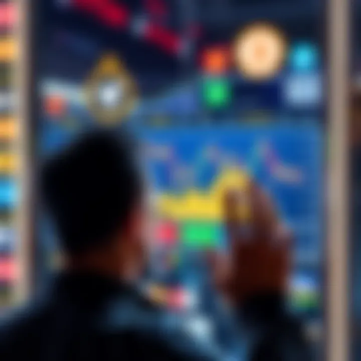 A person looking at a chart showing cryptocurrency price fluctuations with various payment methods in the background