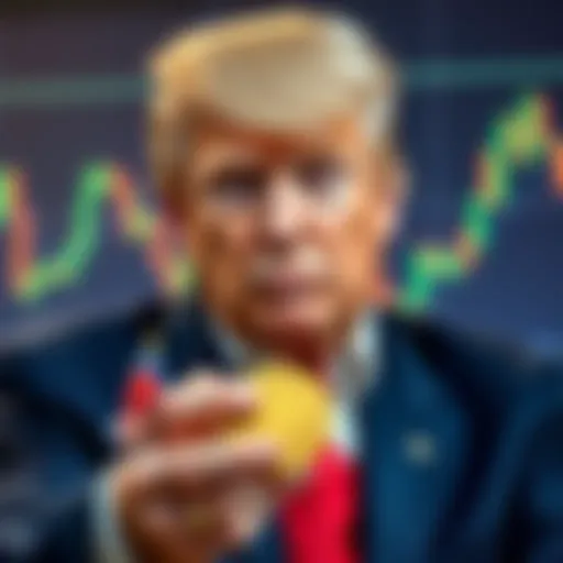 Barron Trump holding cryptocurrency coins with a financial chart in the background
