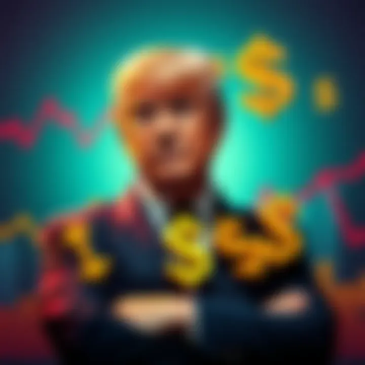 Barron Trump stands confidently next to charts and dollar signs, showcasing his impressive wealth.