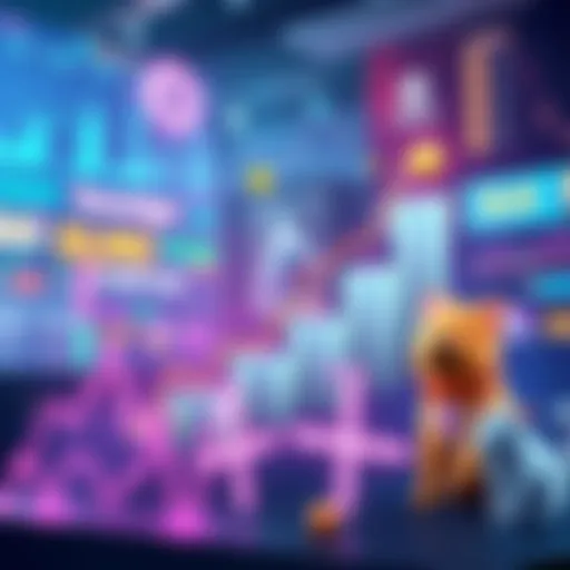 A graphic showing rising price charts for Base tokens with a background of a bustling digital market and cute pets, symbolizing growth and excitement.