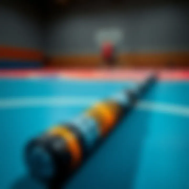 A close-up of the Triple Dribble stick lying on a basketball court, showcasing its sleek design and vibrant colors