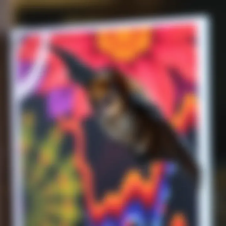 A bat hovering near a colorful photograph, displaying interest in the image.