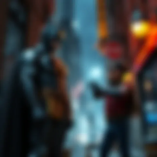 Batman and Robin standing in a dark Gotham City alley, discussing their roles and timeline issues, with a tense atmosphere