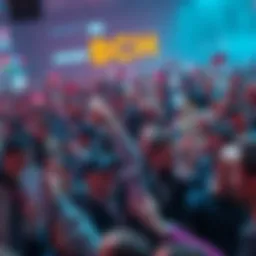 A crowd of people withdrawing cash from cryptocurrency exchanges, excited about BCH Bliss Day 1, with digital wallets in hand.