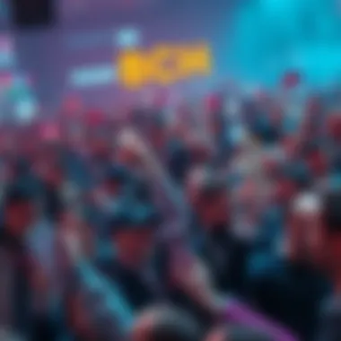 A crowd of people withdrawing cash from cryptocurrency exchanges, excited about BCH Bliss Day 1, with digital wallets in hand.