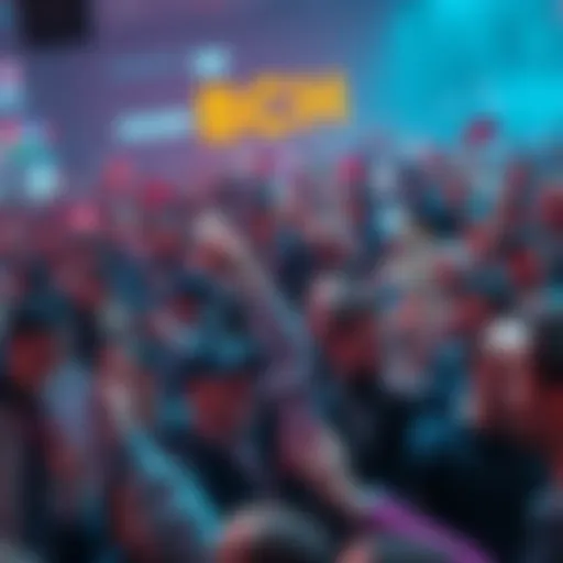 A crowd of people withdrawing cash from cryptocurrency exchanges, excited about BCH Bliss Day 1, with digital wallets in hand.