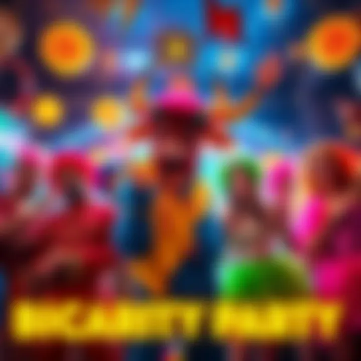 BCH Bull Crypto Party Costume A group of people in colorful costumes celebrating at the BCH Bull Crypto Fancy Dress Party, surrounded by crypto-themed decorations.