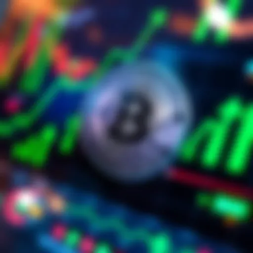 A close-up of the BCH cryptocurrency symbol on a digital screen surrounded by green upward arrows, indicating potential growth.