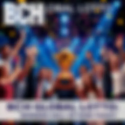 A group of happy people celebrating their win at the BCH Global Lotto, with confetti and a big trophy in the center.