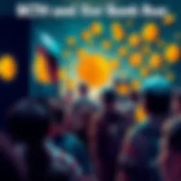 A crowd of worried people withdrawing cash from an ATM surrounded by cryptocurrency symbols, showing concern over BCH and XMR bank run.