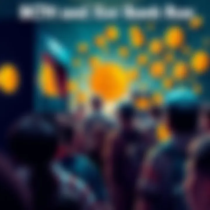 BCH and XMR Bank Run A crowd of worried people withdrawing cash from an ATM surrounded by cryptocurrency symbols, showing concern over BCH and XMR bank run.