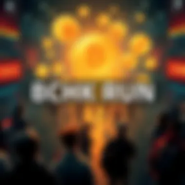 A graphic showing a bank run event for BCH and XMR, with people withdrawing coins from exchanges, featuring icons related to cryptocurrency and the Layla upgrade.