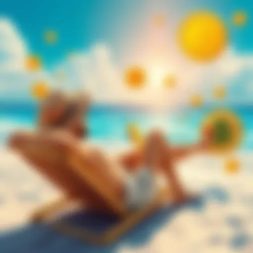 A person relaxing on the beach with a tropical drink, surrounded by symbols of Bitcoin and sunshine.