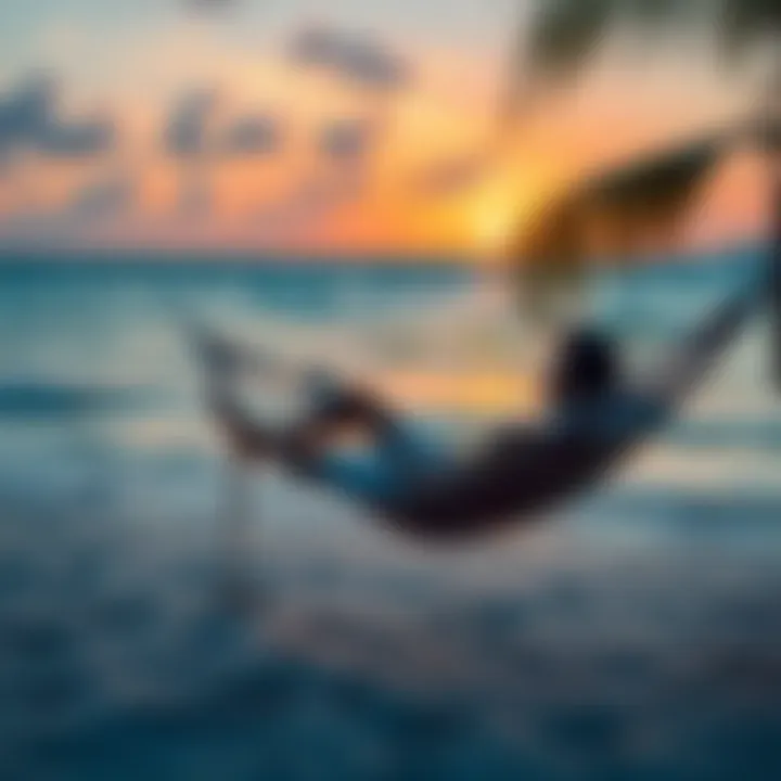 Beach Relaxation During Market Crash A peaceful beach scene with a person lounging in a hammock, enjoying the calm while checking their phone intermittently for market alerts.