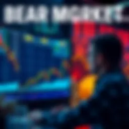 A trader looking at cryptocurrency prices on a screen, symbolizing the bear market with a falling trend line and coins in the background, indicating potential accumulation.