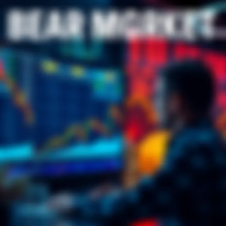 A trader looking at cryptocurrency prices on a screen, symbolizing the bear market with a falling trend line and coins in the background, indicating potential accumulation.