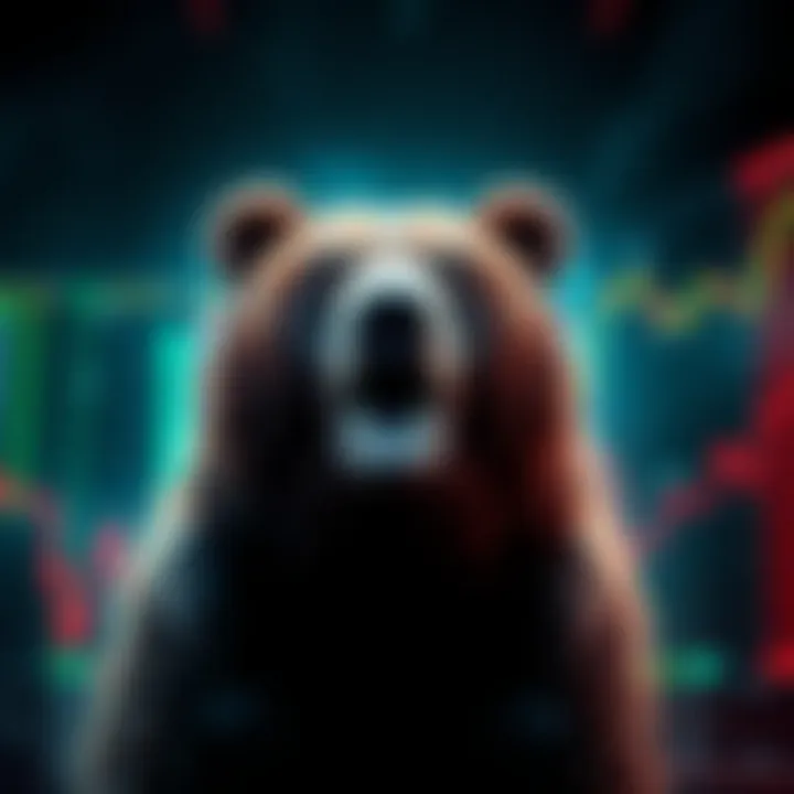 A bear symbolizes a market downturn with stocks declining in the background.