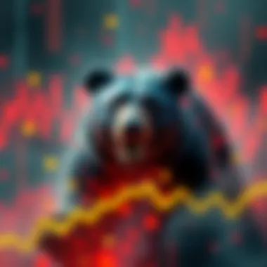 A graphic of a bear representing bearish market sentiment, surrounded by falling graphs and financial symbols