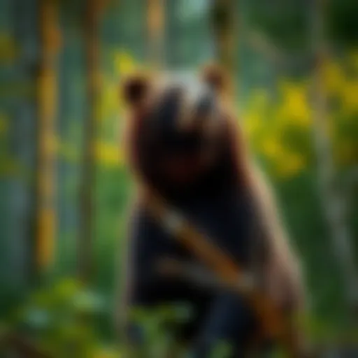A bear standing alert in a forest, ears perked up, reacting to a distant awoooo call.