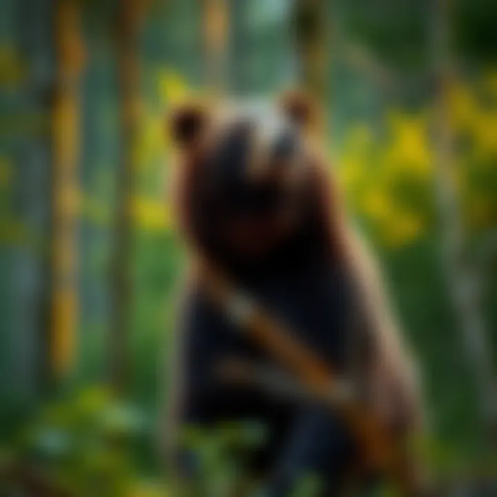 A bear standing alert in a forest, ears perked up, reacting to a distant awoooo call.