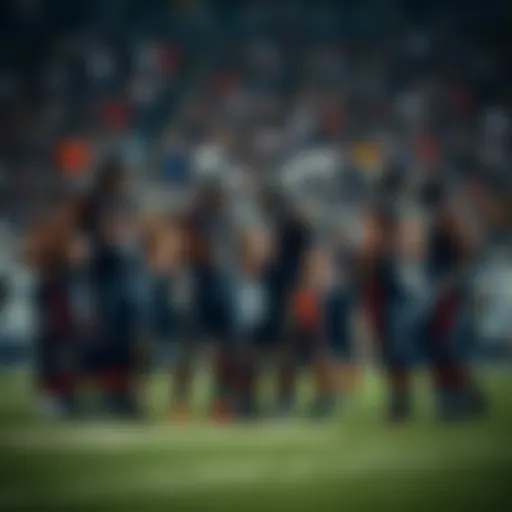 The Bears football team huddles on the field, looking concerned after a difficult game, reflecting their struggles and setbacks.
