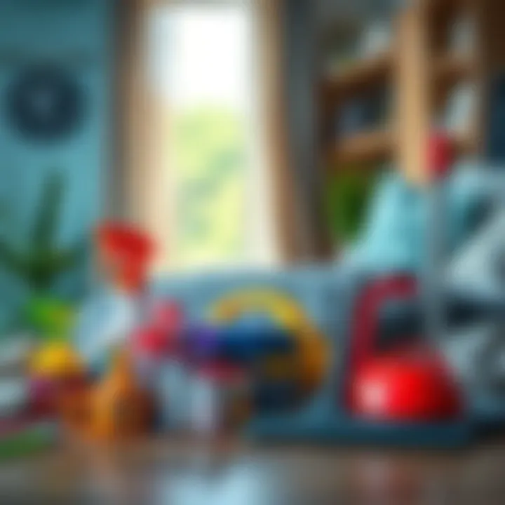A collection of bed bug treatment tools including sprays, traps, and vacuum cleaner in a home setting
