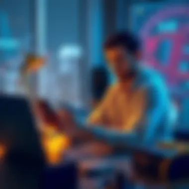 A person using a smartphone to buy Bitcoin with a budget of $500, sitting at a desk with a laptop and a secure storage device nearby.