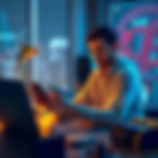 A person using a smartphone to buy Bitcoin with a budget of $500, sitting at a desk with a laptop and a secure storage device nearby.