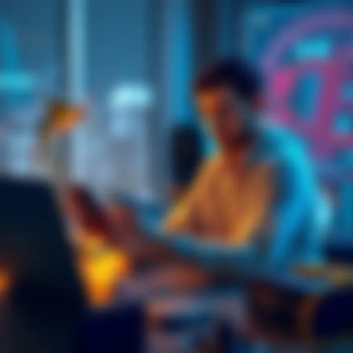 A person using a smartphone to buy Bitcoin with a budget of $500, sitting at a desk with a laptop and a secure storage device nearby.