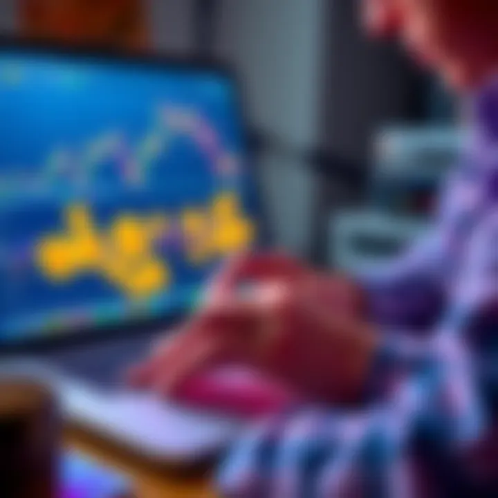 A person examining various cryptocurrency coins and graphs on a laptop, symbolizing first-time investment in crypto.