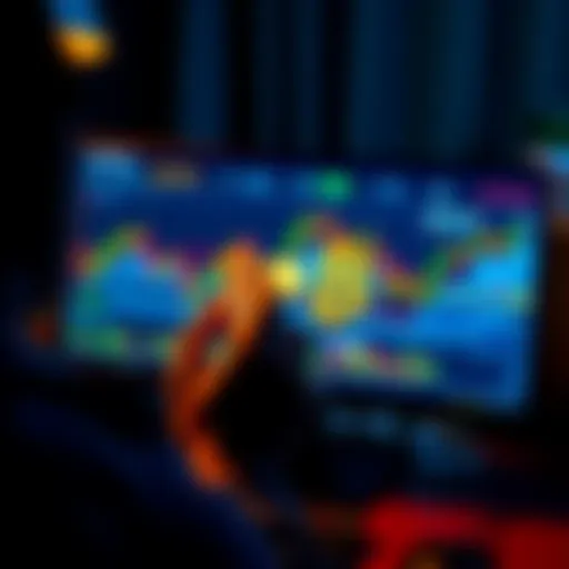 A person looking at cryptocurrency charts on a computer screen while holding symbols of BTC, ETH, and SOL
