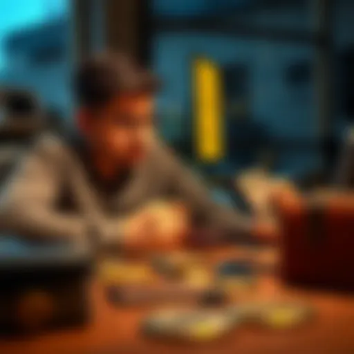 A beginner looking at various cryptocurrency wallets on a table, considering options for secure investments.