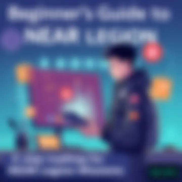 An illustration showing a person setting up a digital wallet and preparing for a mission on the NEAR Legion platform, with a futuristic background and icons representing tasks and missions.