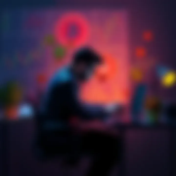 Beginner in Cryptocurrency A person sitting at a desk with a laptop, researching cryptocurrency trends and strategies, surrounded by charts and digital coins.
