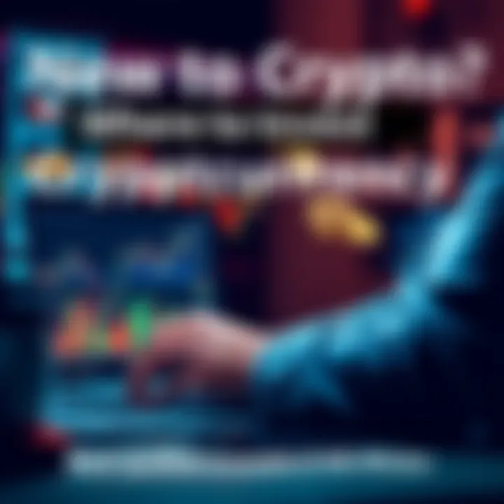 A person analyzing investment options in cryptocurrency with charts and coins on a laptop